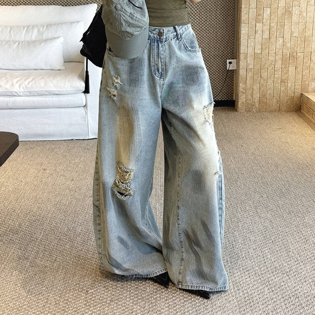 Women’s Vintage Washed Distressed Wide Leg Denim Jeans