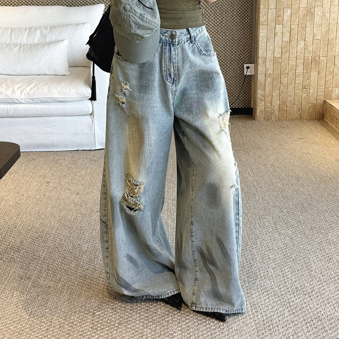 Women’s Vintage Washed Distressed Wide Leg Denim Jeans