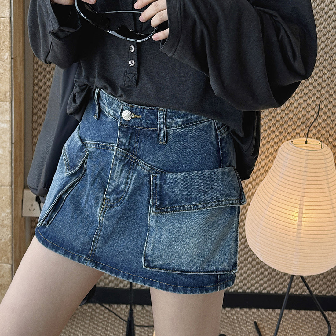 Denim Utility Skirt with Front Pockets - High Waist, Casual Fit