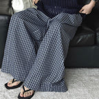 Color blocking plaid splicing casual elastic drawstring pants