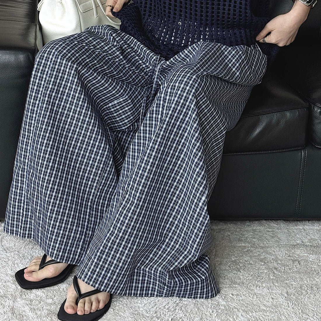 Color blocking plaid splicing casual elastic drawstring pants