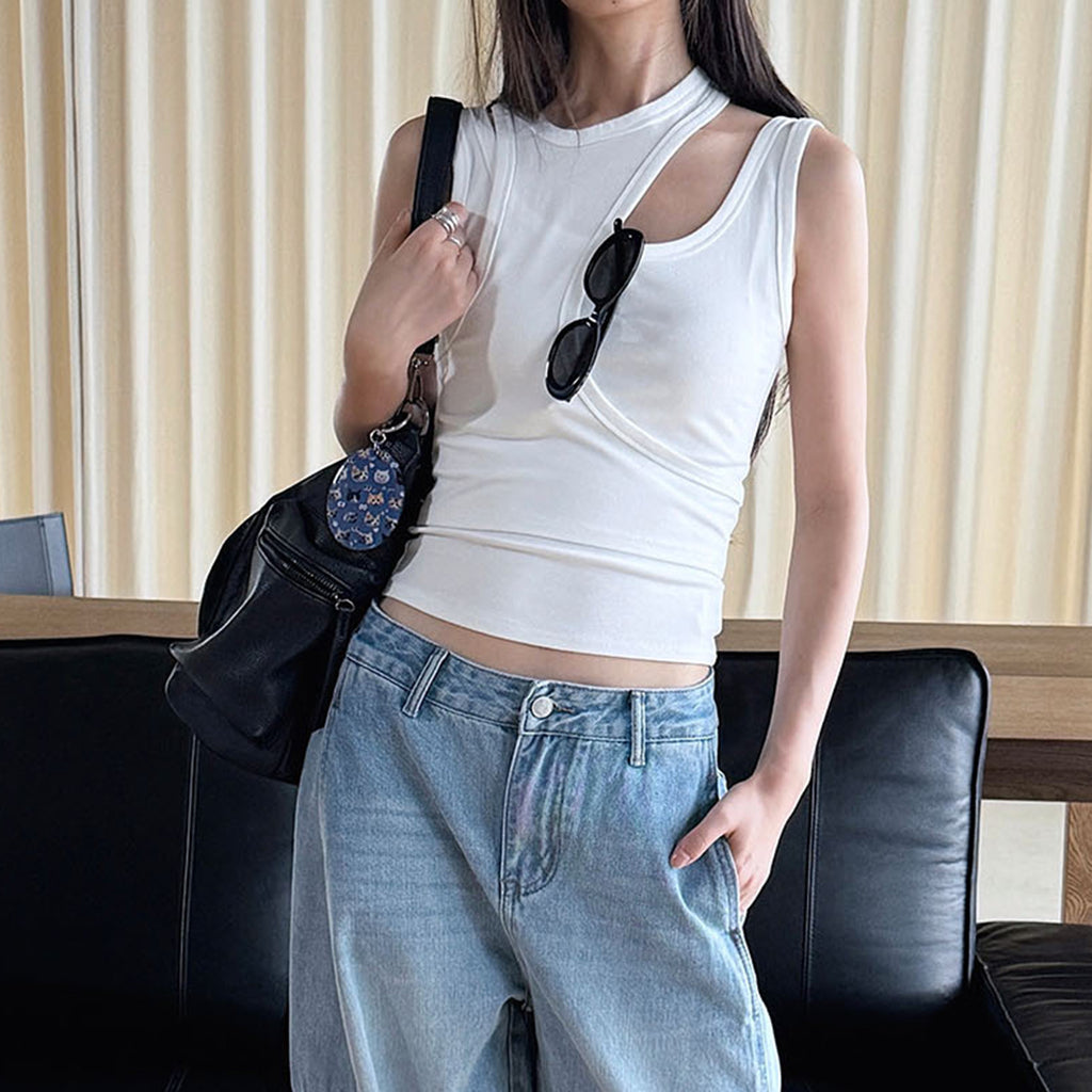 Fake two piece patchwork irregular vest tank top