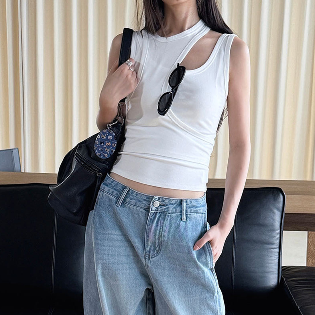 Fake two piece patchwork irregular vest tank top