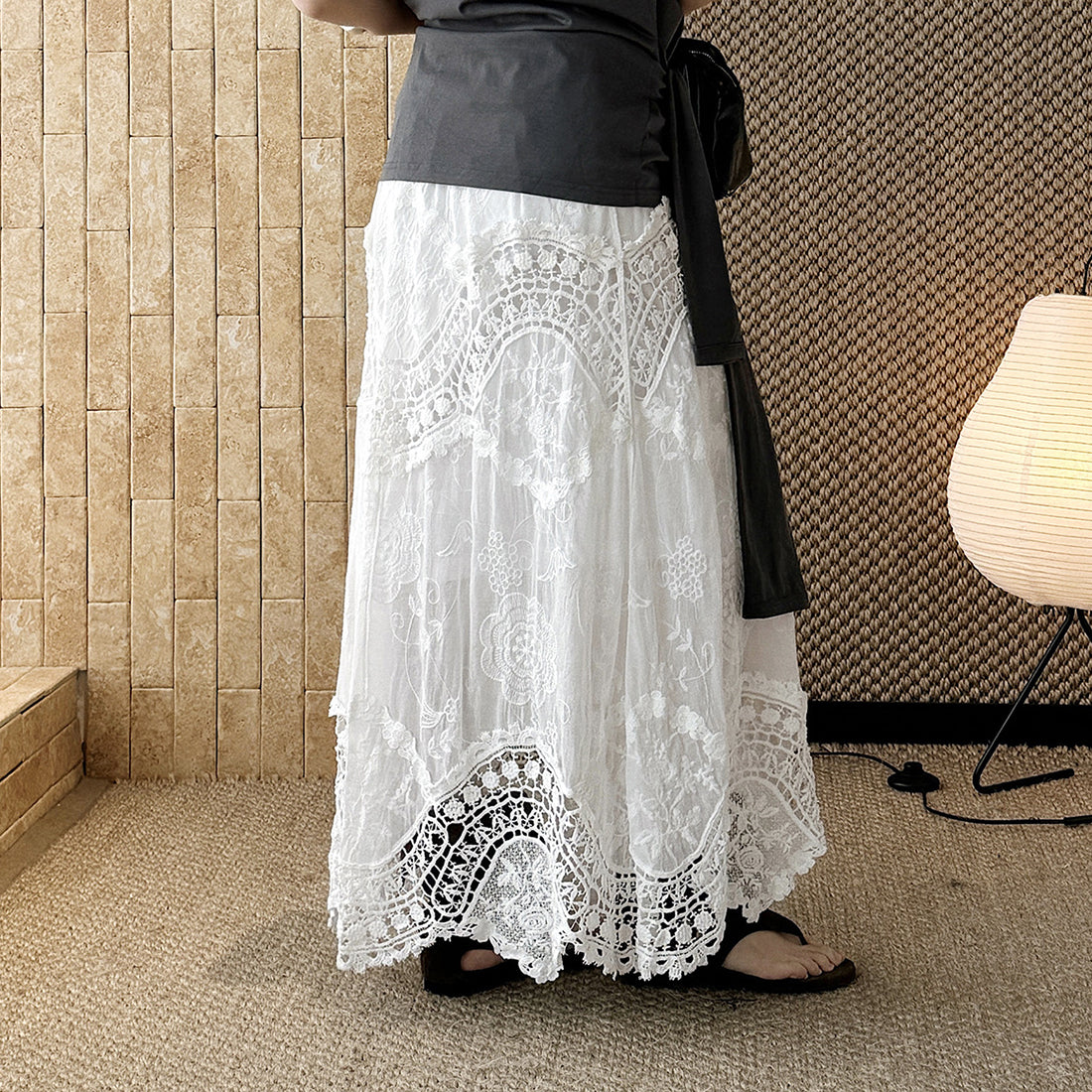 Boho lace embroidered maxi skirt with flowy silhouette and soft lining