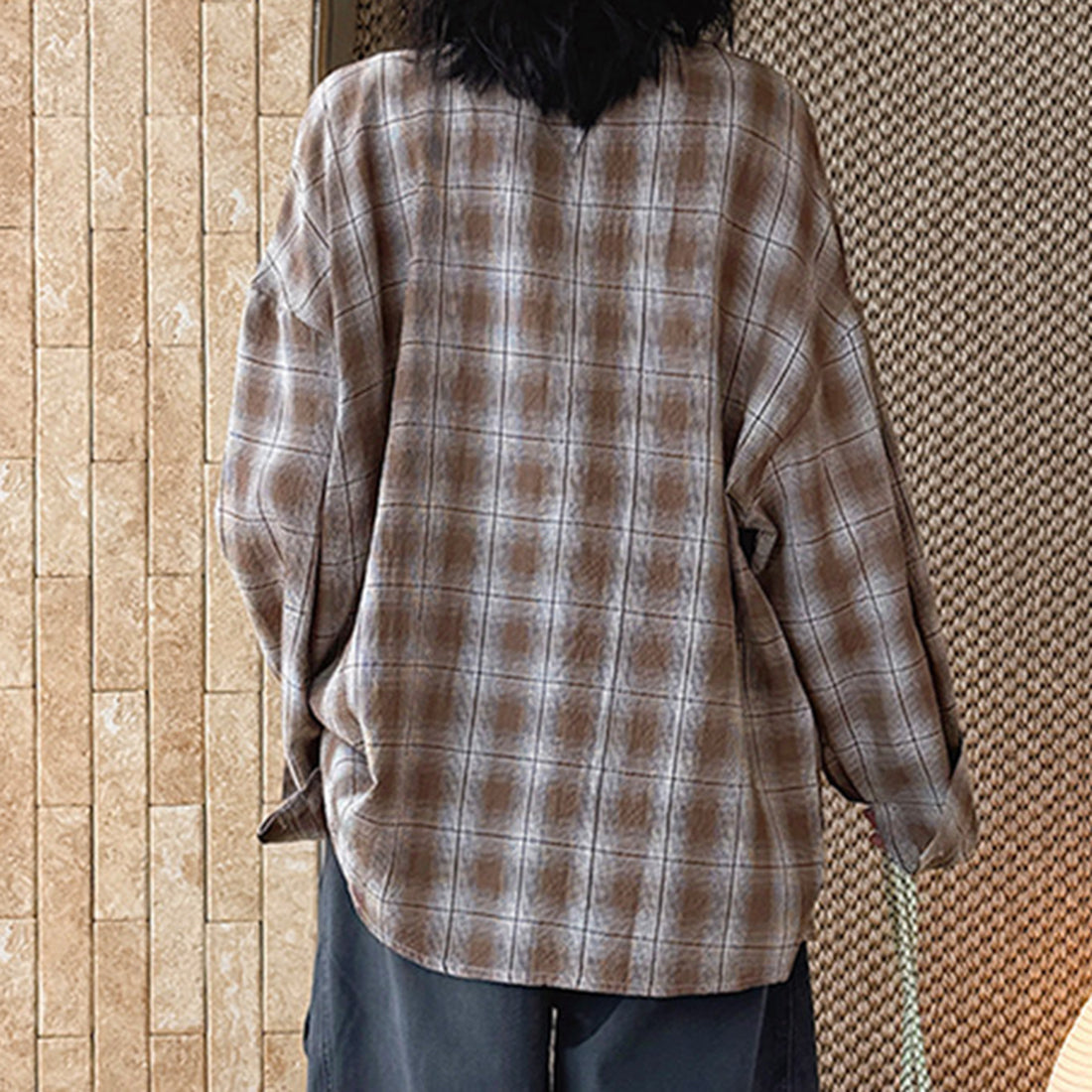 Vintage plaid cotton shirt loose long sleeve casual button down blouse