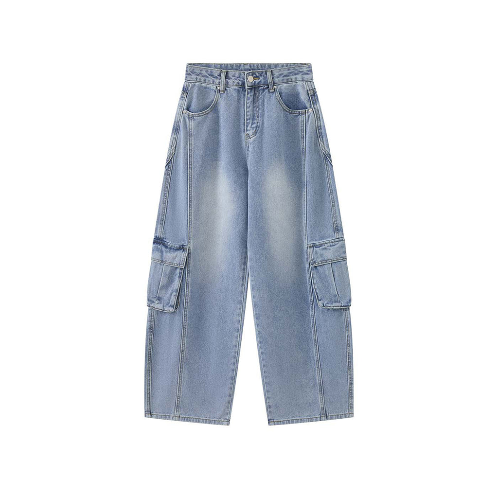 cargo wide leg jeans high waist loose fit vintage wash denim pants