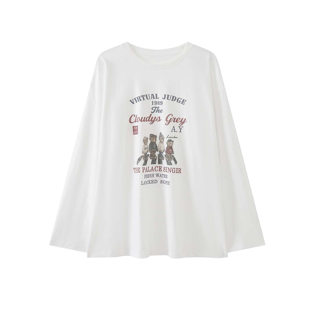 Retro teddy bear letter printed loose long sleeved T-shirt