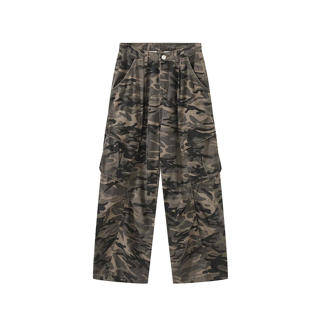 Pleated camouflage large pocket denim cargo pants