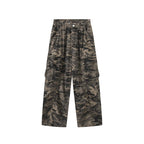 Pleated camouflage large pocket denim cargo pants