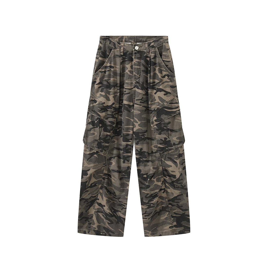 Pleated camouflage large pocket denim cargo pants