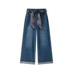 Retro loose wide leg jeans with scarf belt
