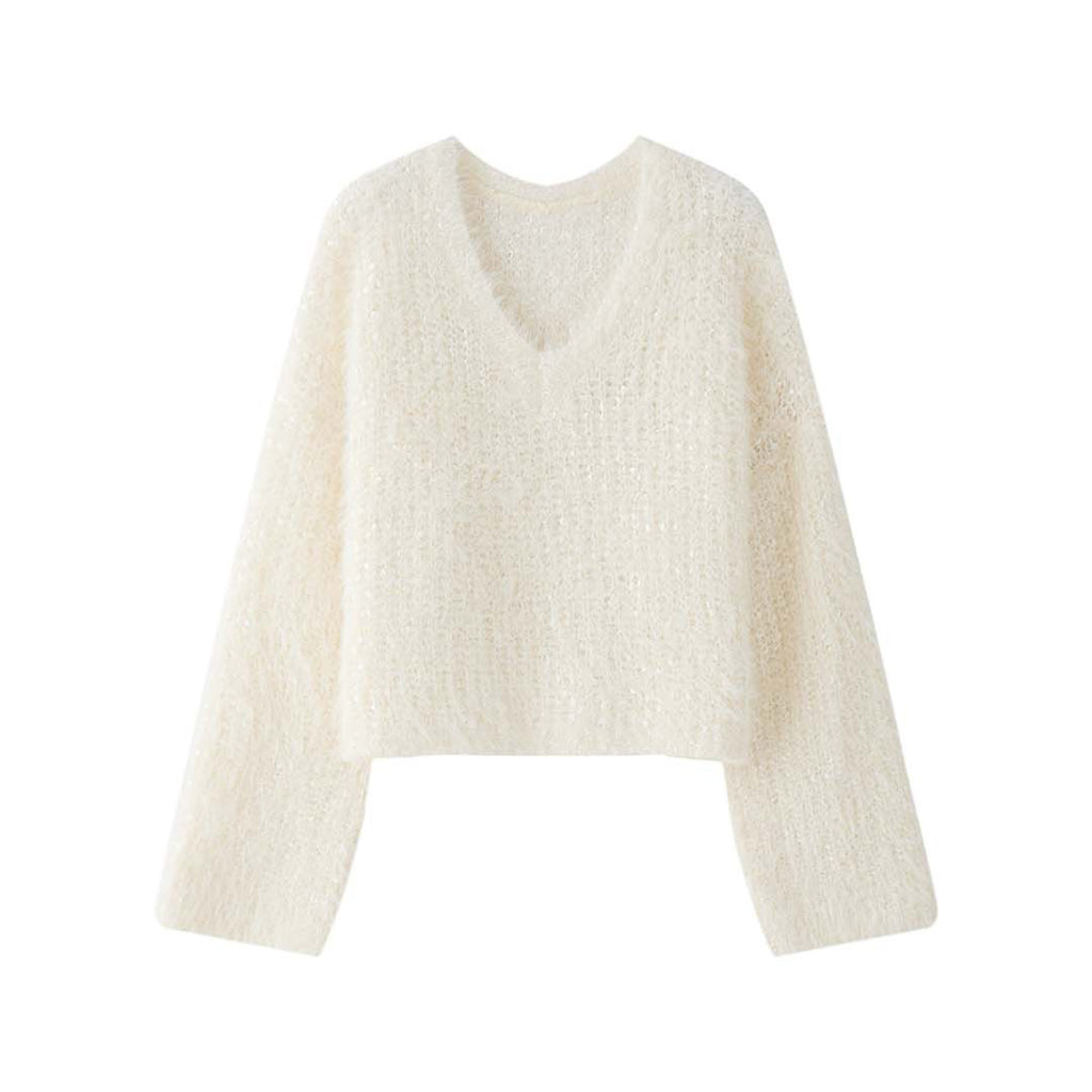 V-neck sparkling diamond long sleeved sweater top