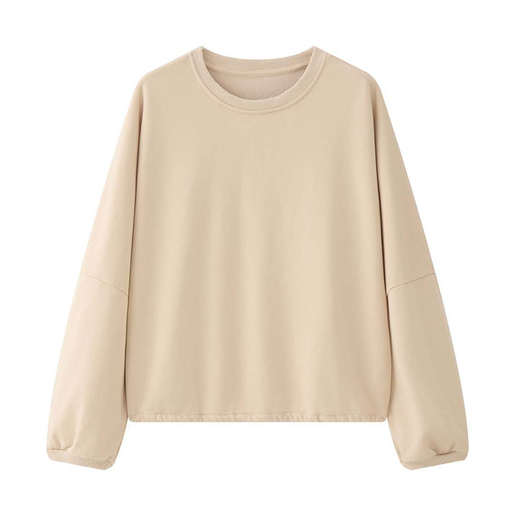 Round neck hem pleated long sleeved top sweatshirt