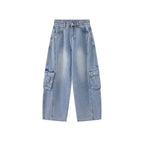 High waist vintage wash cargo wide leg jeans with utility pockets