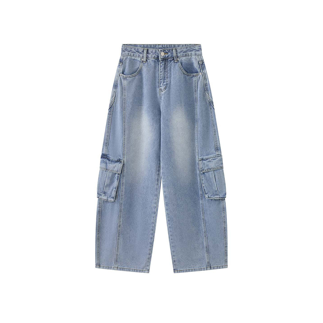 High waist vintage wash cargo wide leg jeans with utility pockets