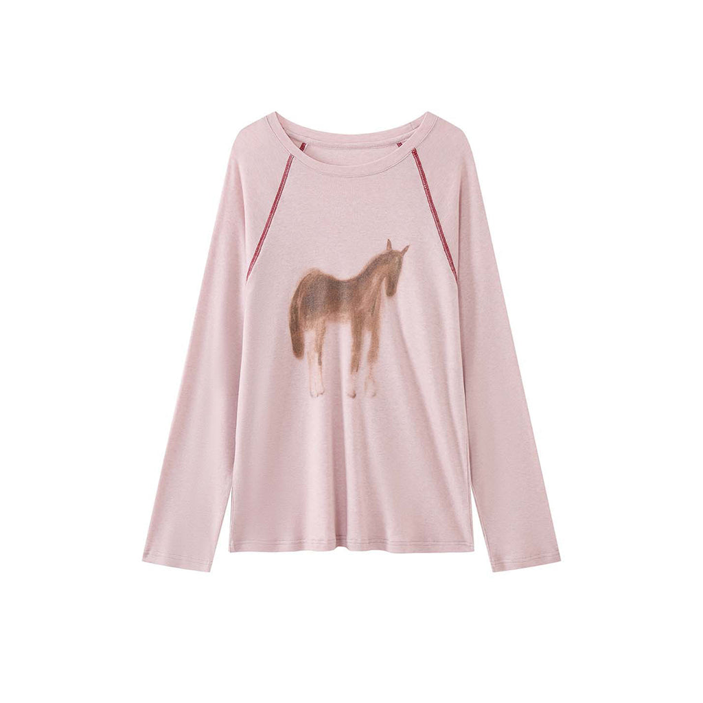 Printed open thread raglan sleeves long sleeved loose T-shirt top