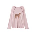 Printed open thread raglan sleeves long sleeved loose T-shirt top