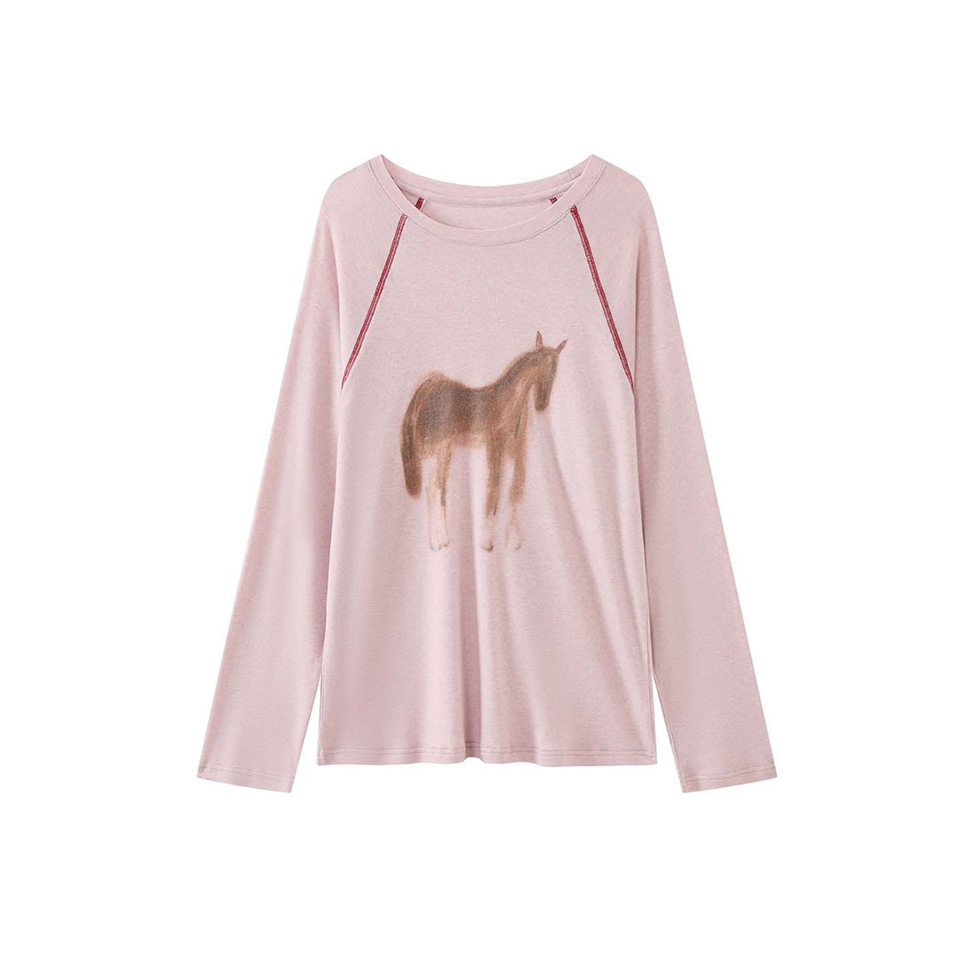 Printed open thread raglan sleeves long sleeved loose T-shirt top