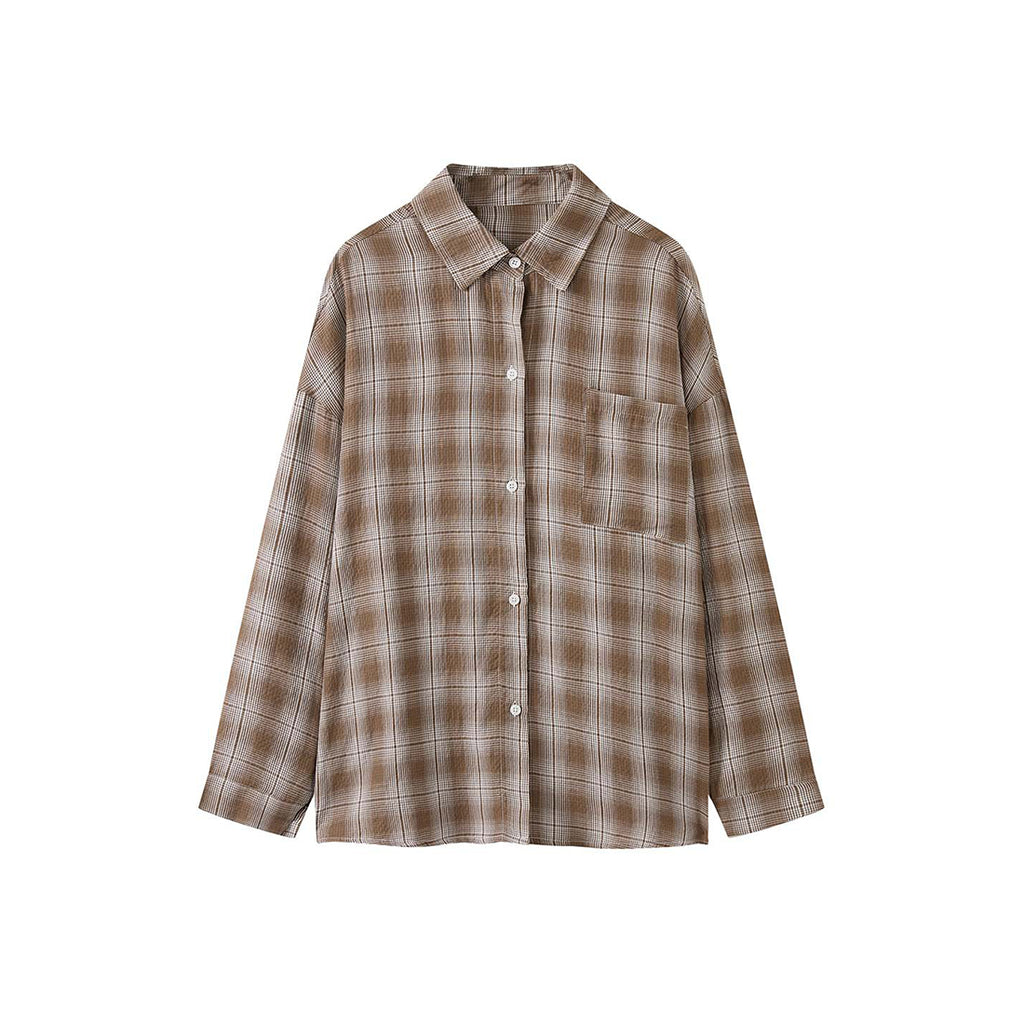 Vintage plaid cotton shirt loose long sleeve casual button down blouse