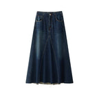 Vintage high waisted slightly fringed denim long skirt
