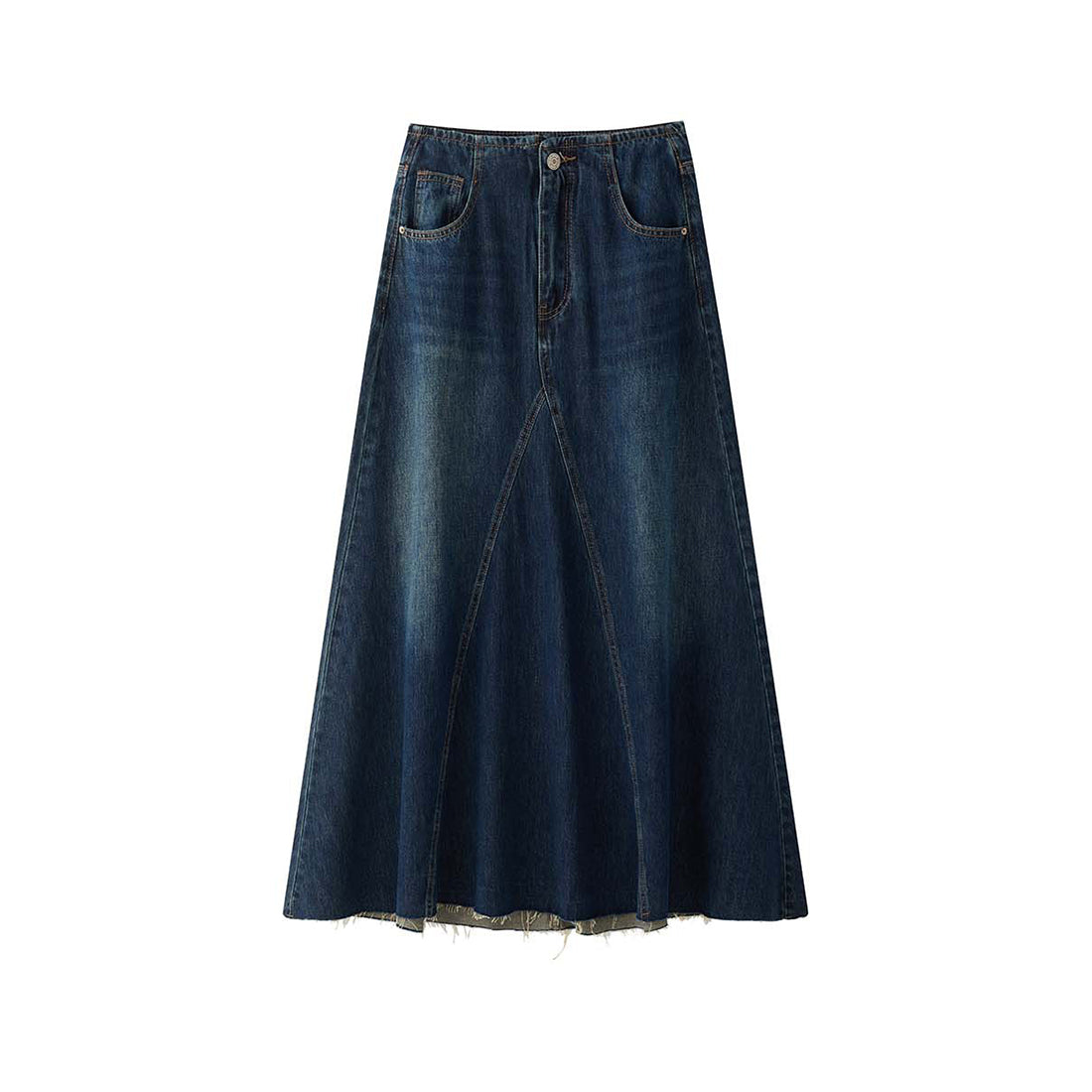 Vintage high waisted slightly fringed denim long skirt