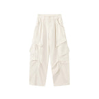 Pleated straight leg large pocket loose denim cargo pants