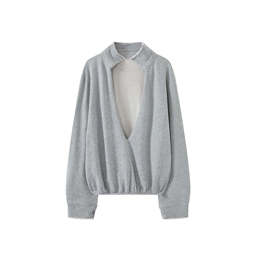 Oversized V-neck pullover sweatshirt with raw edge collar and relaxed fit