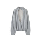 Oversized V-neck pullover sweatshirt with raw edge collar and relaxed fit