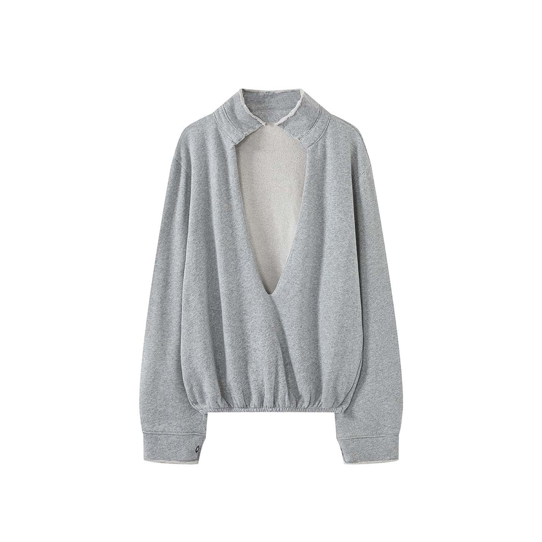 Oversized V-neck pullover sweatshirt with raw edge collar and relaxed fit