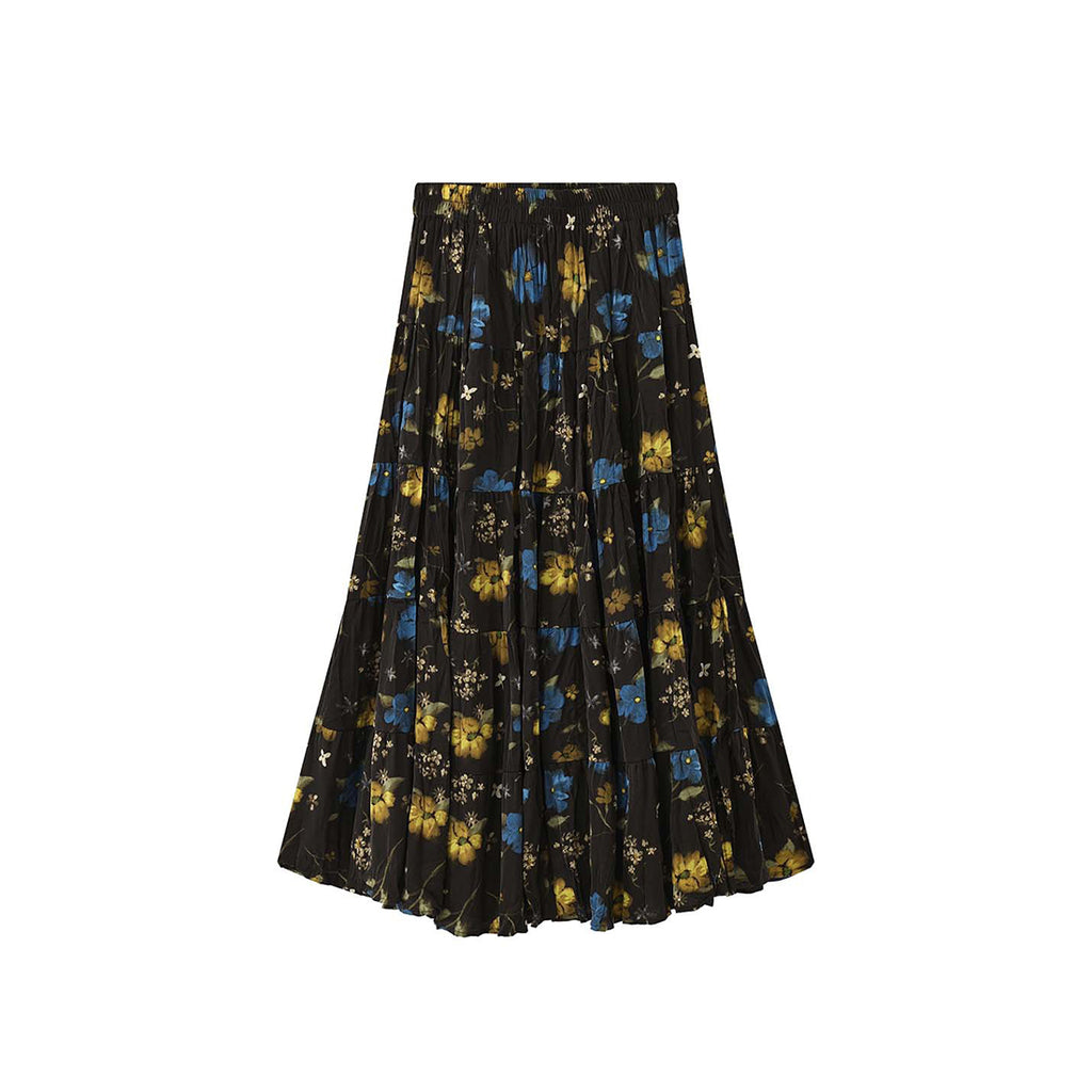 Retro elastic waist printed pleated A-line maxi skirt