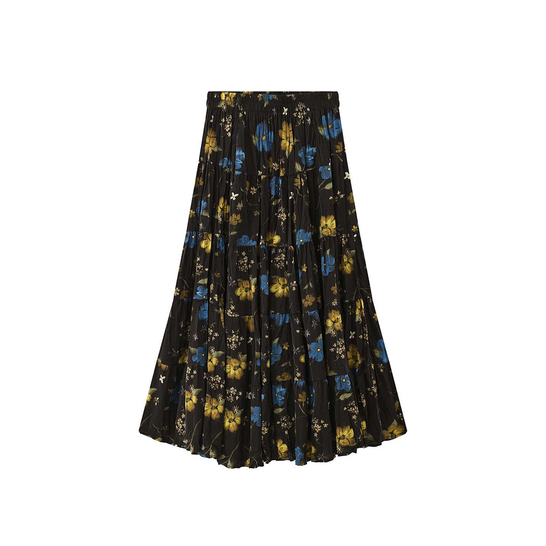 Retro elastic waist printed pleated A-line maxi skirt