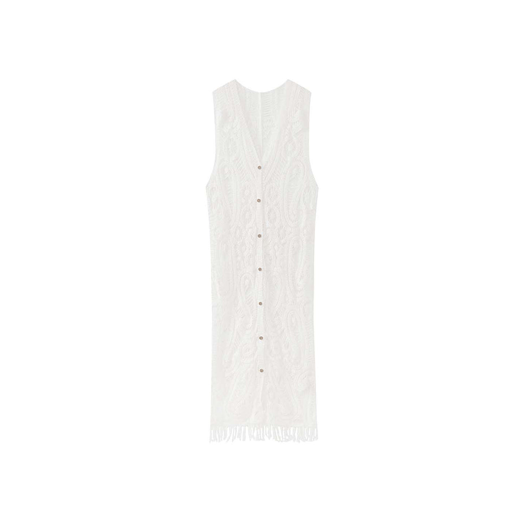 sleeveless long vest lace knit cardigan v neck button down hollow out lightweight layering top