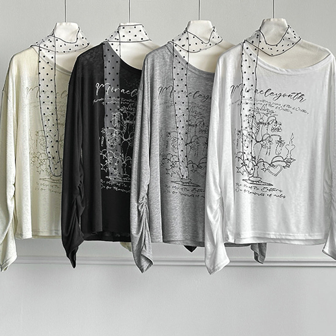 Women’s Off-Shoulder Printed Long-Sleeve Top with Polka Dot Scarf