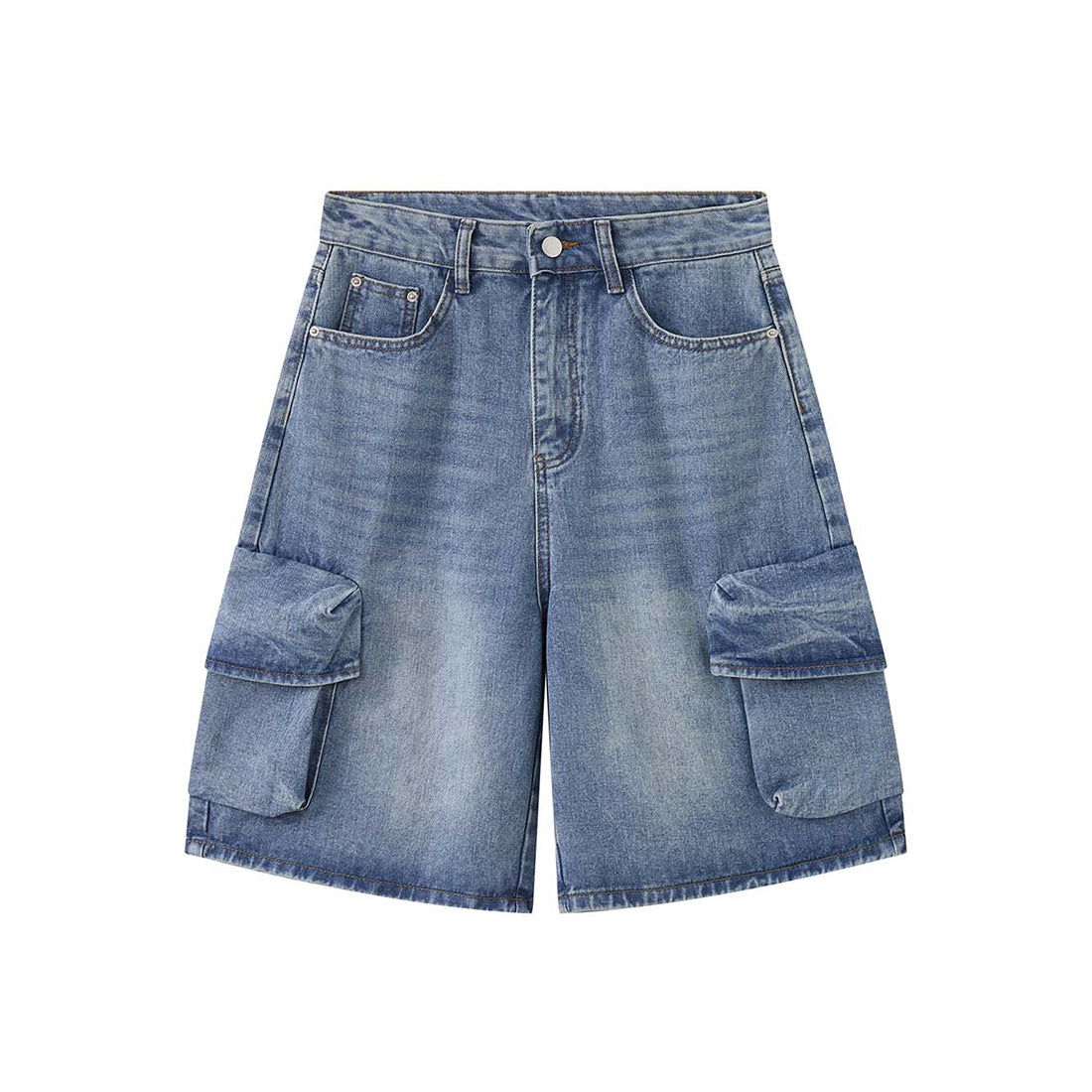cargo denim bermuda shorts high waist loose fit wide leg washed jeans