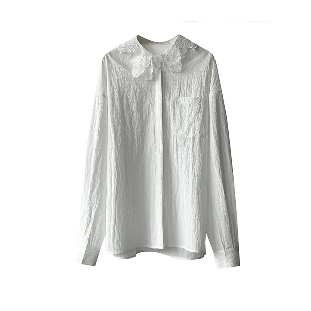French lace lapel long sleeved button up shirt
