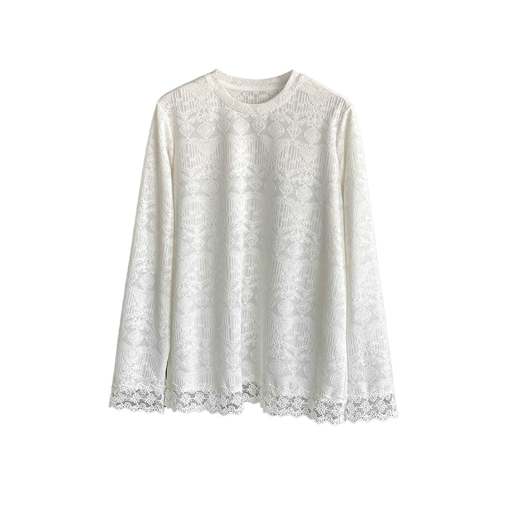 Round neck lace knitted hollow out long sleeved top