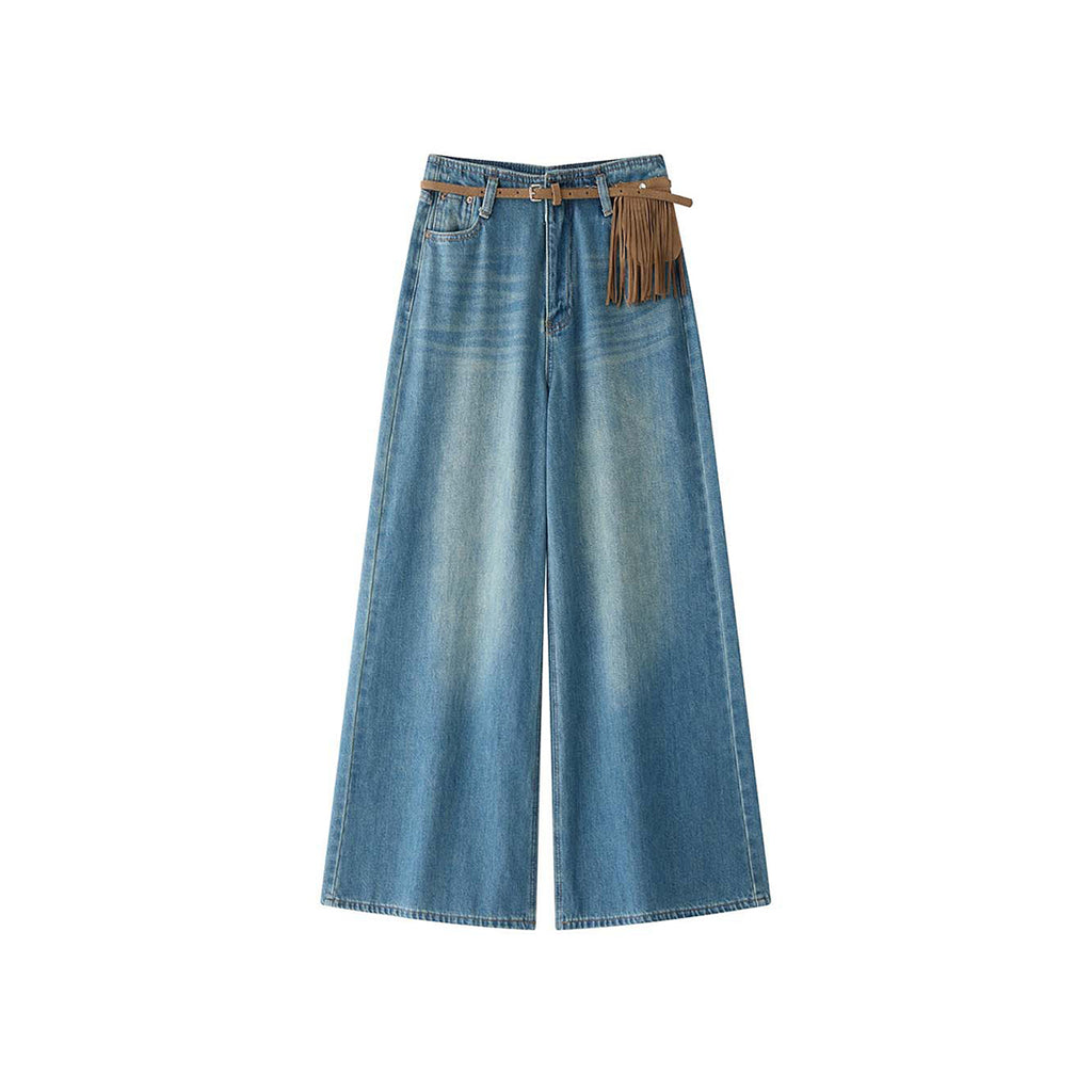 Retro washed loose micro flared jeans with belt