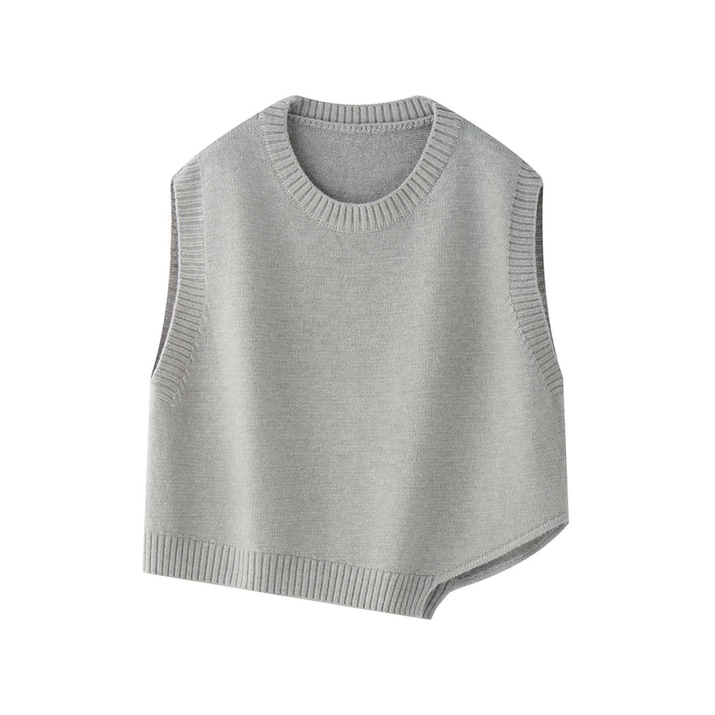 Asymmetric hem solid color round neck knitted vest top