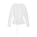 Asymmetric diagonal buckle strap waist cinching shirt top