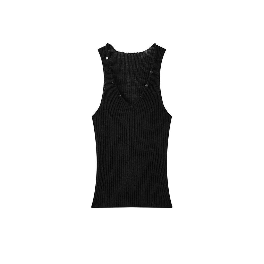 V-Neck Ribbed Knit Tank Top with Button Detail