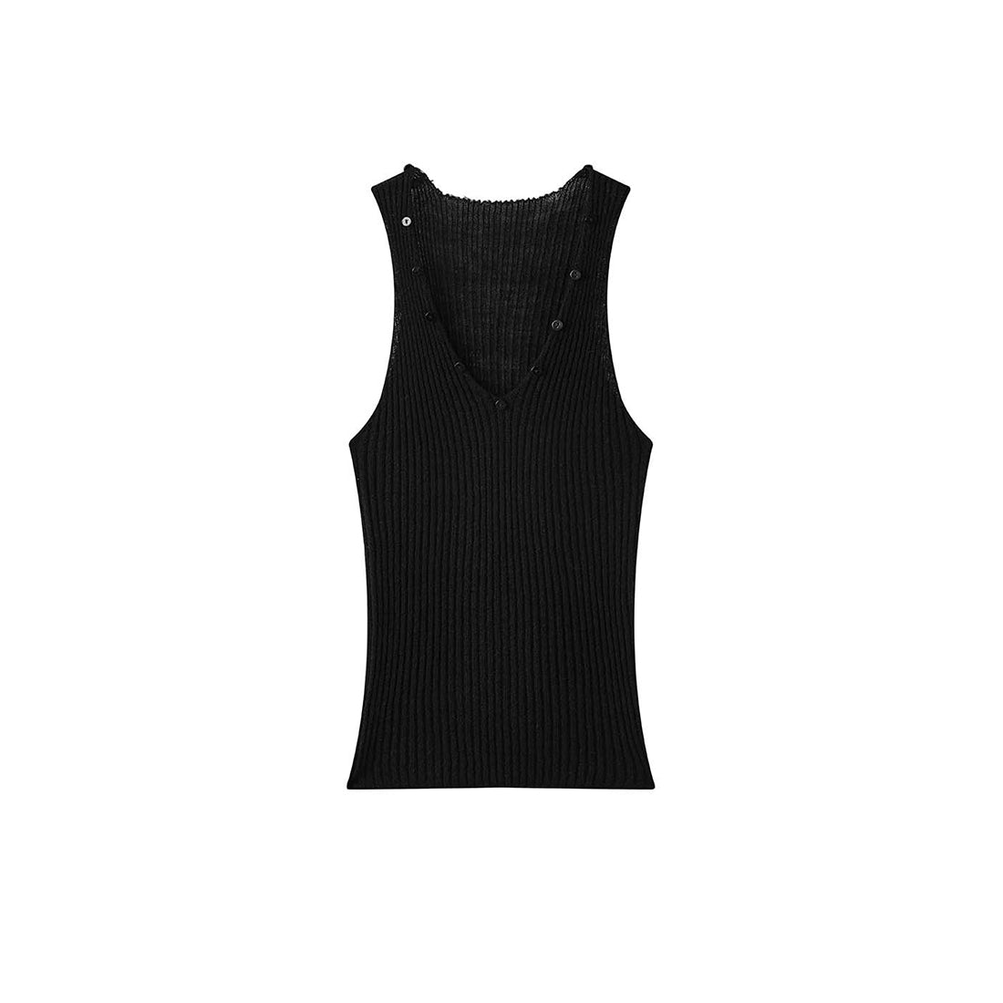 V-Neck Ribbed Knit Tank Top with Button Detail