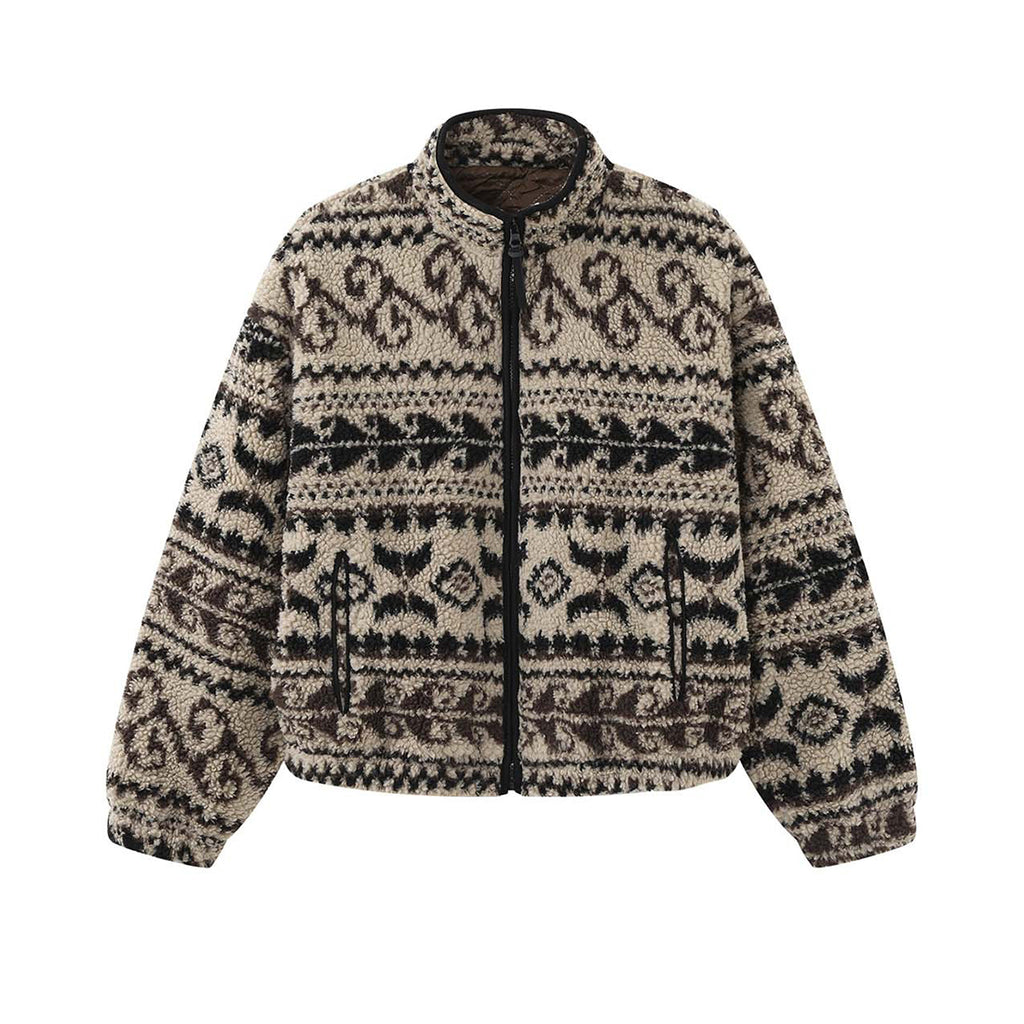 Retro Rolled Leaf Jacquard Lamb Fur Stand-Up Collar Thermal Fluffy Thick Coat