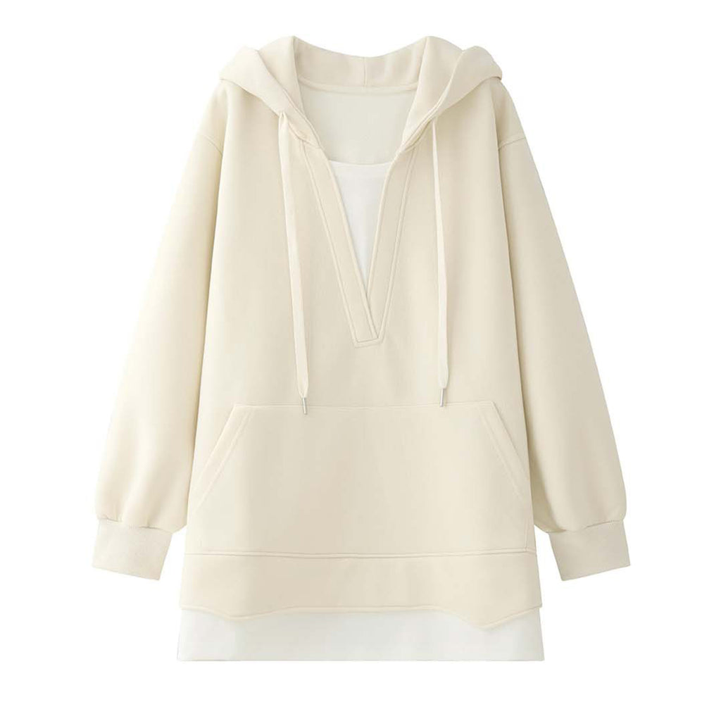 V-neck fake two-piece spliced loose hooded sweatshirt