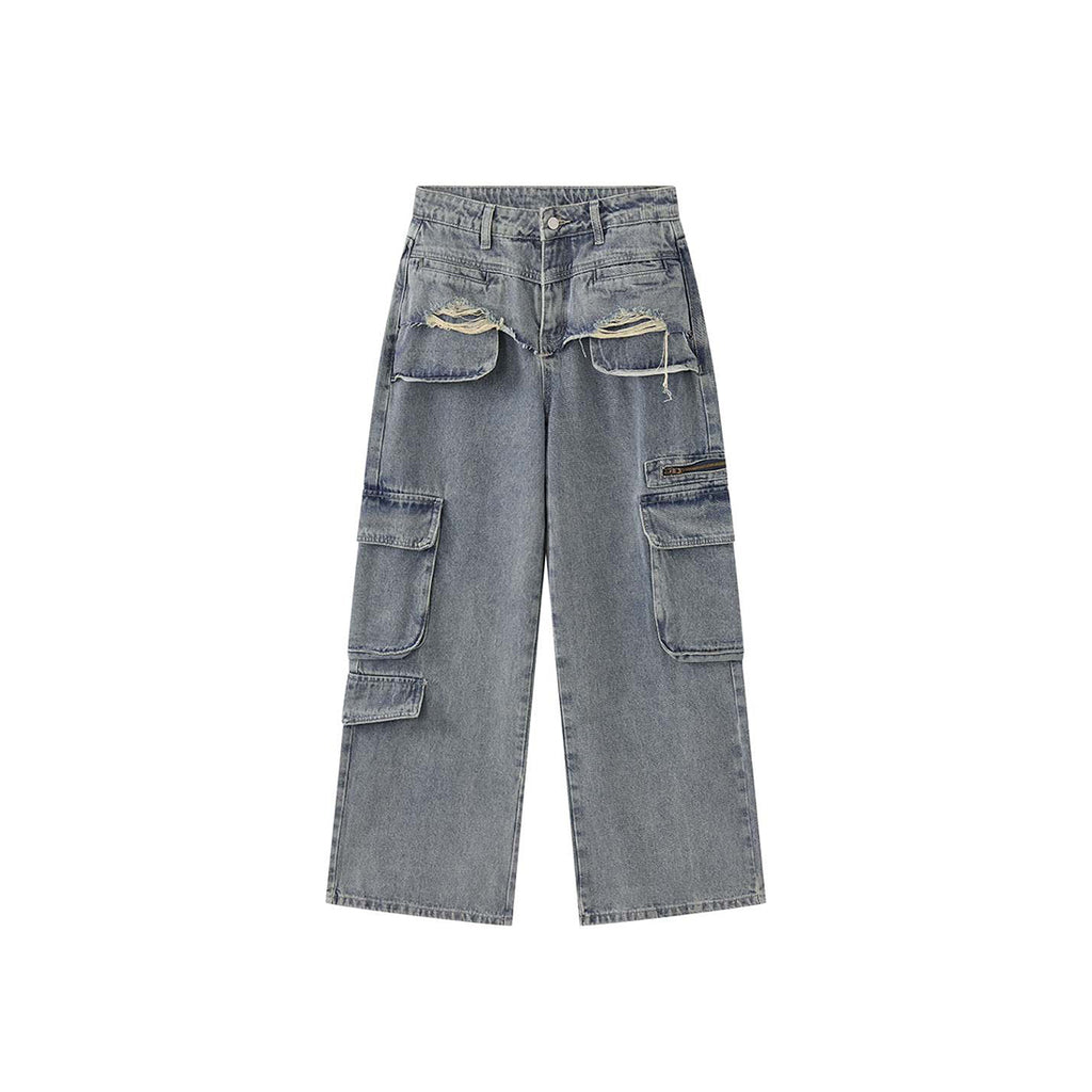 Retro ripped multi pocket loose silhouette jeans