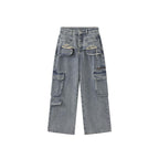 Retro ripped multi pocket loose silhouette jeans