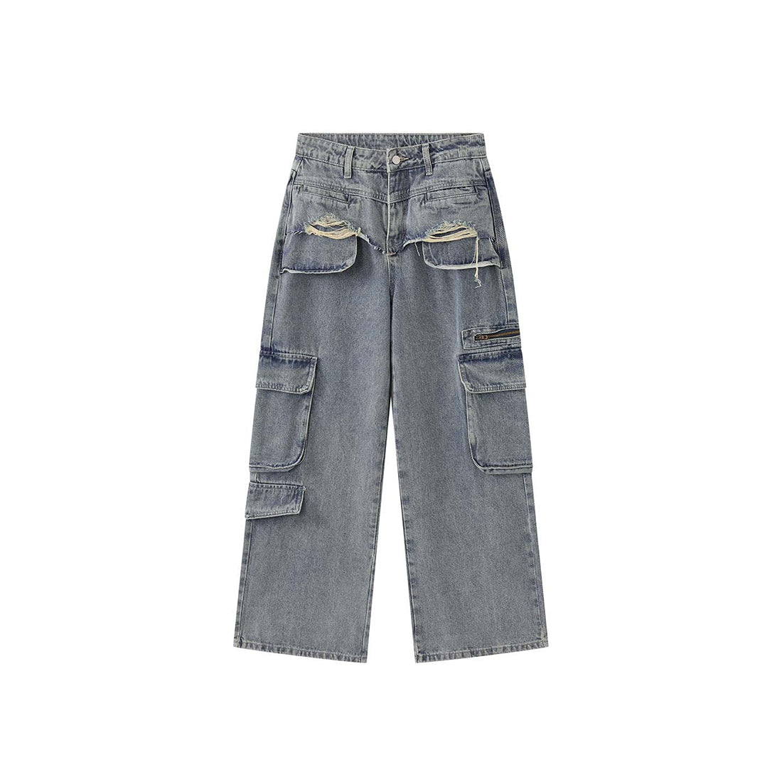 Retro ripped multi pocket loose silhouette jeans