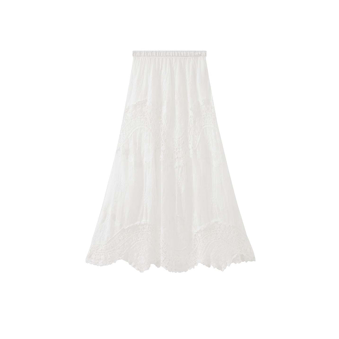 Boho lace embroidered maxi skirt with flowy silhouette and soft lining