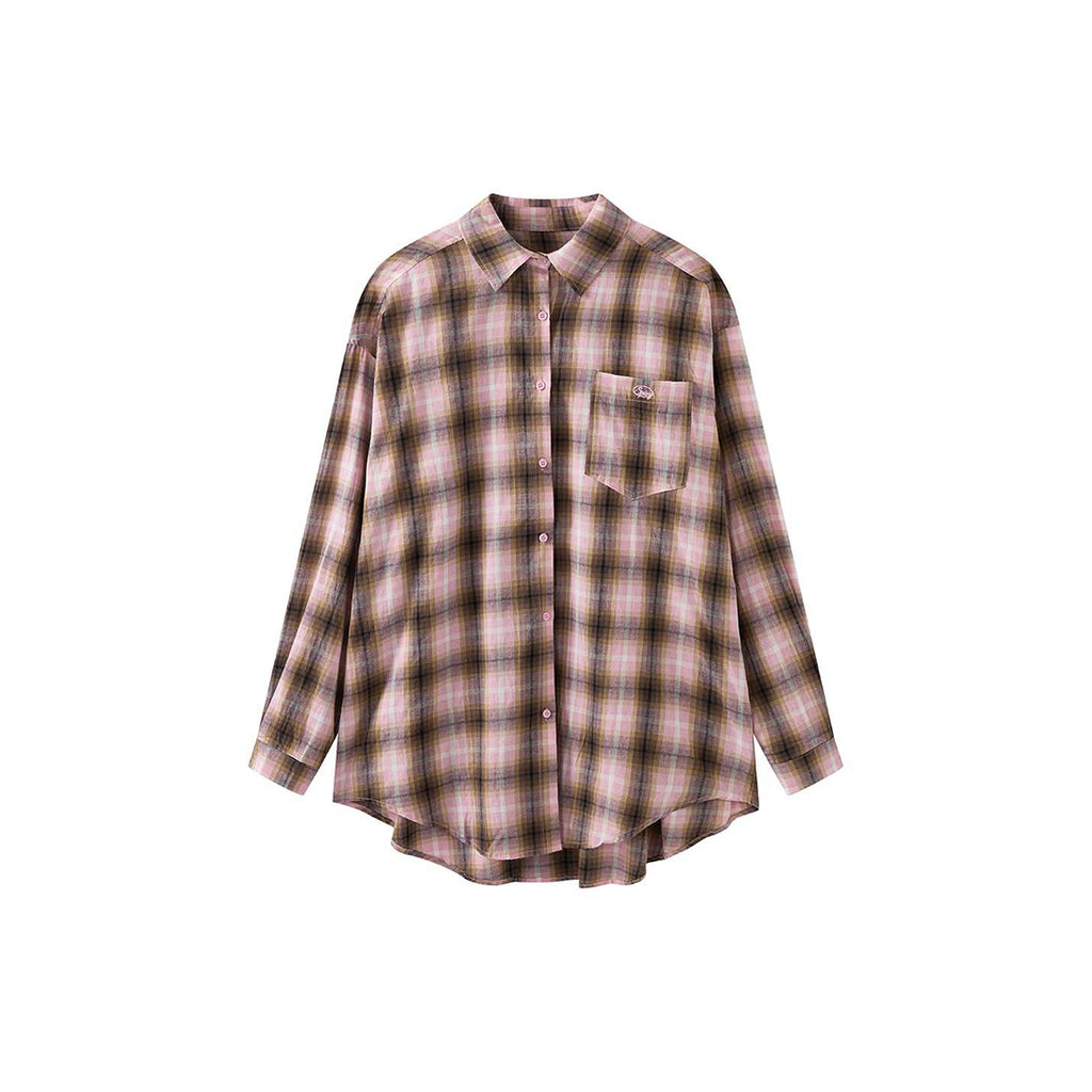 Vintage pink plaid oversized cotton shirt women loose casual long sleeve blouse