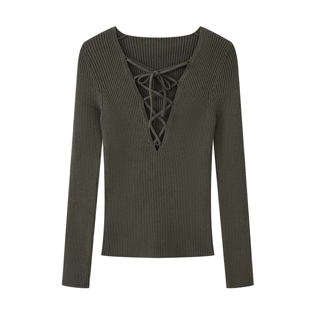 Cross tied V-neck knitted slim fit long sleeve top