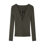 Cross tied V-neck knitted slim fit long sleeve top